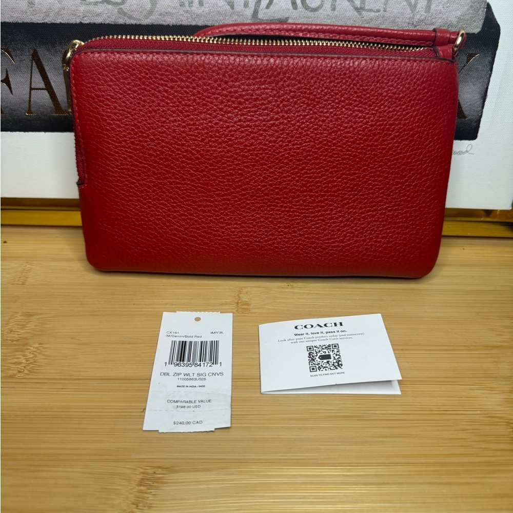 Coach Navy Signature Canvas and Red Leather Zip Pouch - Picture 2 of 4